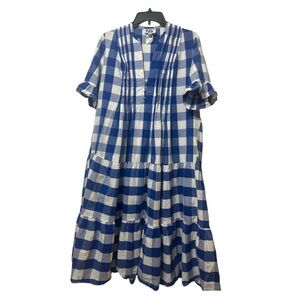 Blue and White Flutter Sleeve Tiered Midi Dress